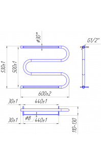 Водяна рушникосушарка Змійка 30  530х600/500 + полички чорний мат