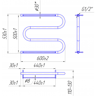 Електрична рушникосушарка Змійка 30 530х600/500 + полички золото Електрична рушникосушарка Змійка 30 530х600/500 + полички золото