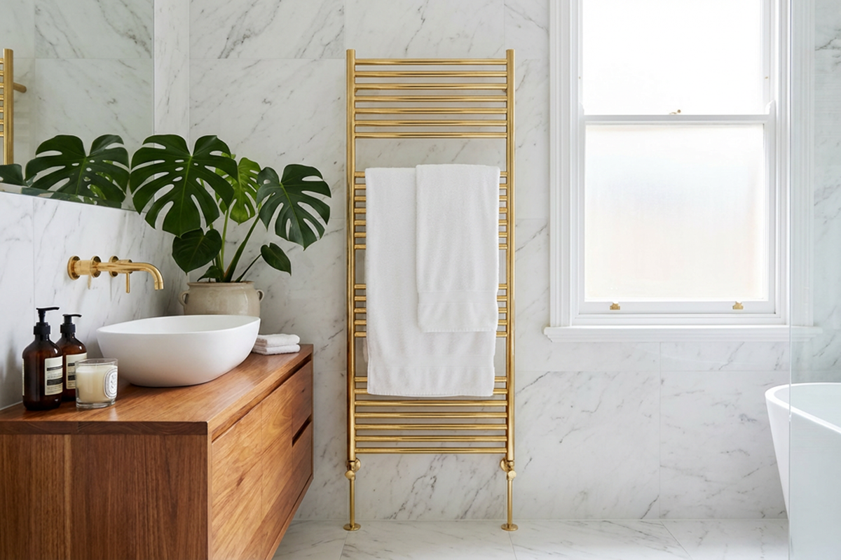 золотая полотенцесушилка в интерьере ванной комнаты