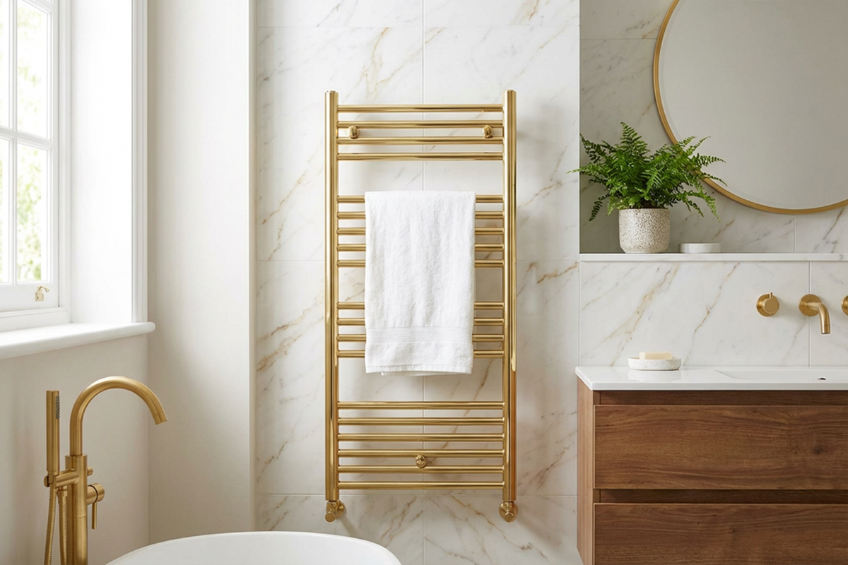 Золотая полотенцесушилка в интерьере ванной комнаты